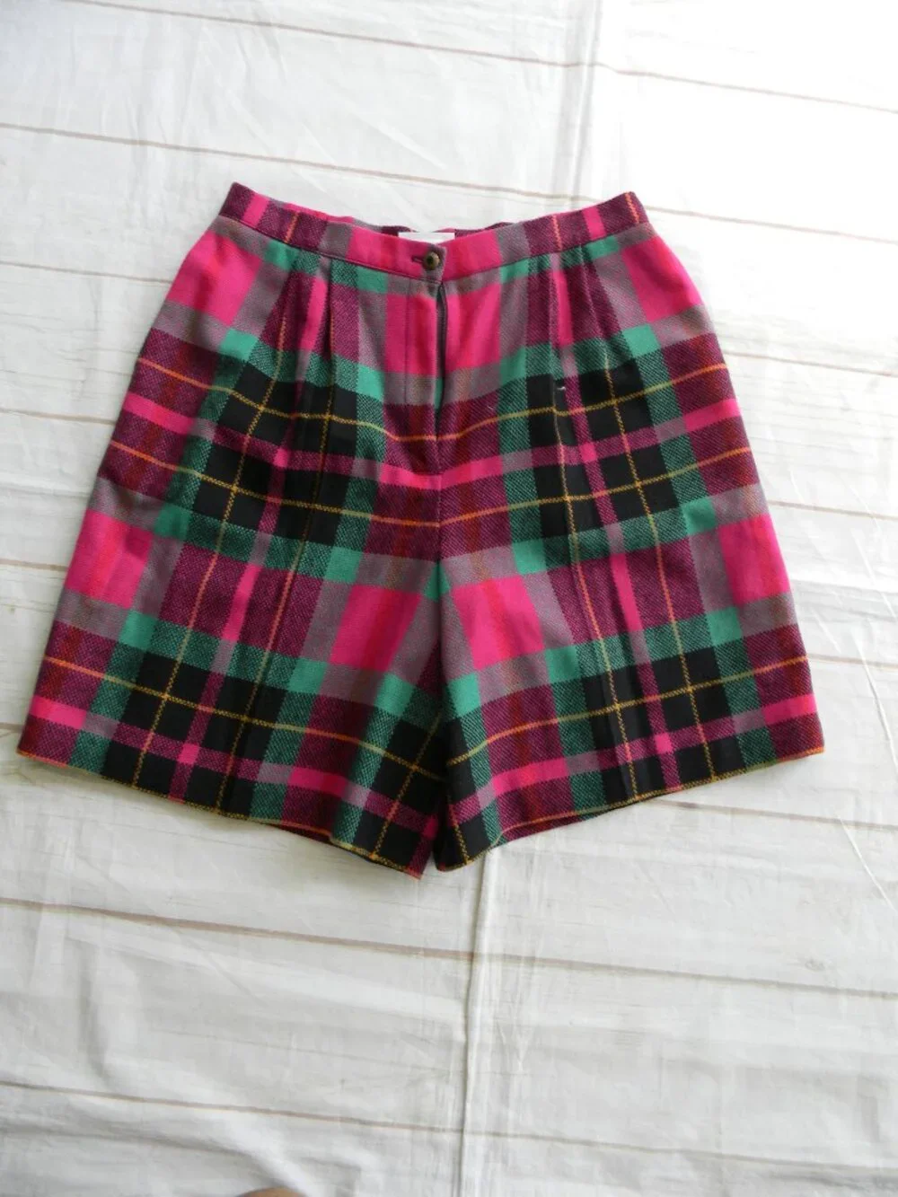 VTG WOOL BLEND PLAID WM'S SHORTS PINK/GREEN 15/16